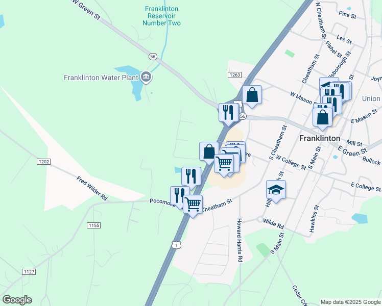 map of restaurants, bars, coffee shops, grocery stores, and more near 50 Oakcrest Drive in Franklinton
