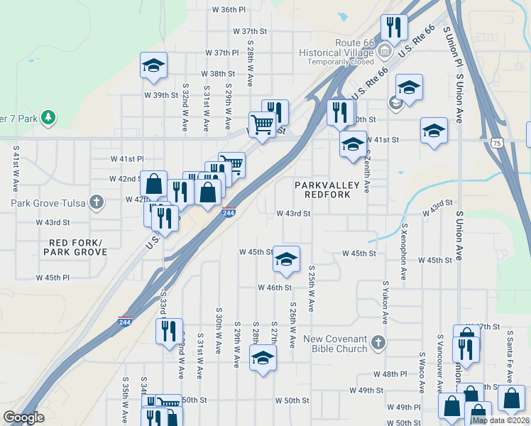 map of restaurants, bars, coffee shops, grocery stores, and more near 2799 West 43rd Street in Tulsa