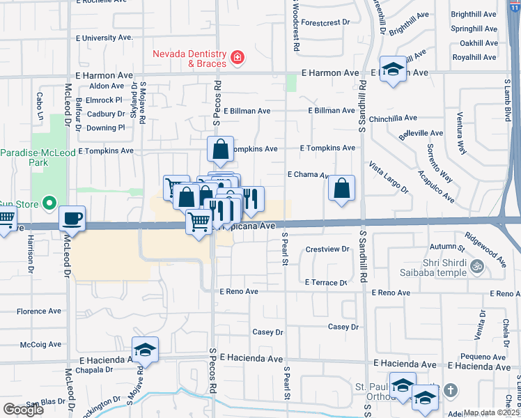 map of restaurants, bars, coffee shops, grocery stores, and more near 3540 East Tropicana Avenue in Las Vegas