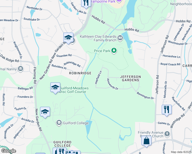 map of restaurants, bars, coffee shops, grocery stores, and more near 1011 Hayfield Lane in Greensboro