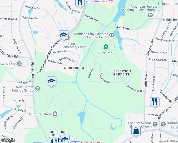 map of restaurants, bars, coffee shops, grocery stores, and more near 1011 Hayfield Lane in Greensboro