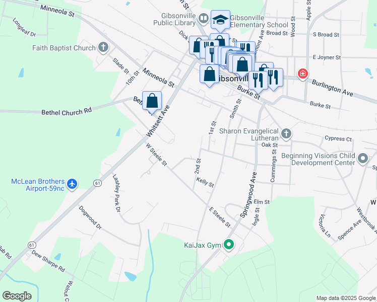 map of restaurants, bars, coffee shops, grocery stores, and more near 610 2nd Street in Gibsonville
