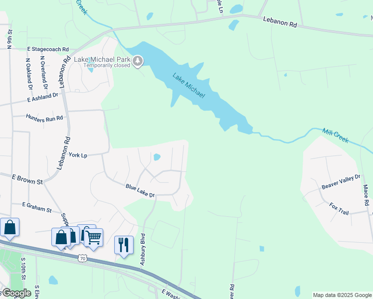 map of restaurants, bars, coffee shops, grocery stores, and more near 818 Blue Lake Drive in Mebane