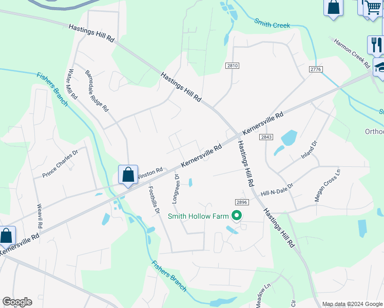 map of restaurants, bars, coffee shops, grocery stores, and more near 4627 Kernersville Road in Kernersville