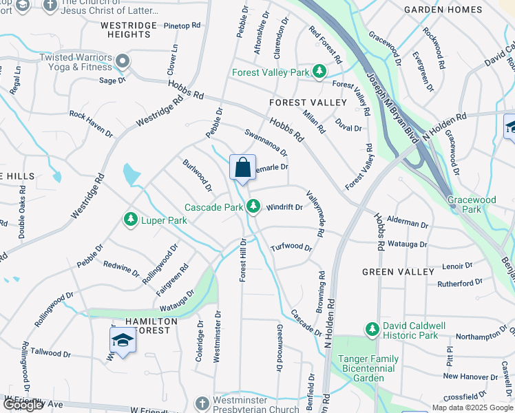 map of restaurants, bars, coffee shops, grocery stores, and more near 3800 Cascade Drive in Greensboro