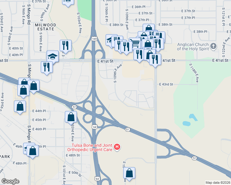 map of restaurants, bars, coffee shops, grocery stores, and more near 4358 South 109th Avenue East in Tulsa