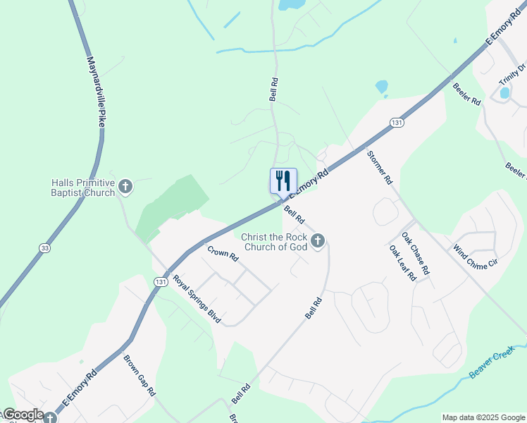 map of restaurants, bars, coffee shops, grocery stores, and more near East Emory Road in Knoxville