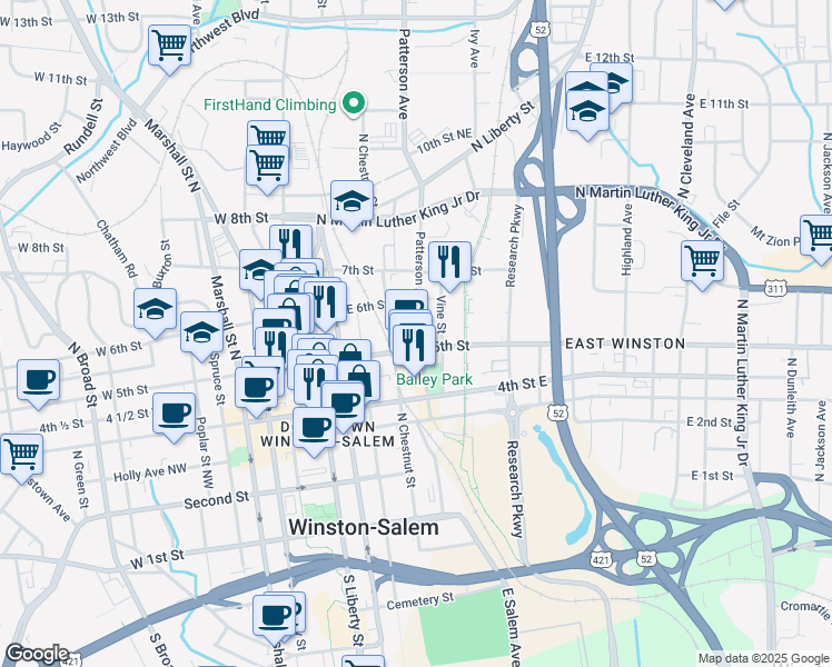 map of restaurants, bars, coffee shops, grocery stores, and more near 486 Patterson Avenue in Winston-Salem