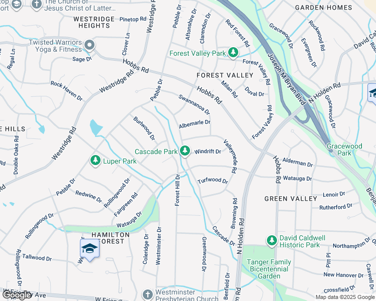 map of restaurants, bars, coffee shops, grocery stores, and more near 3800 Cascade Drive in Greensboro