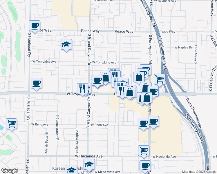 map of restaurants, bars, coffee shops, grocery stores, and more near 9678 West Tropicana Avenue in Las Vegas