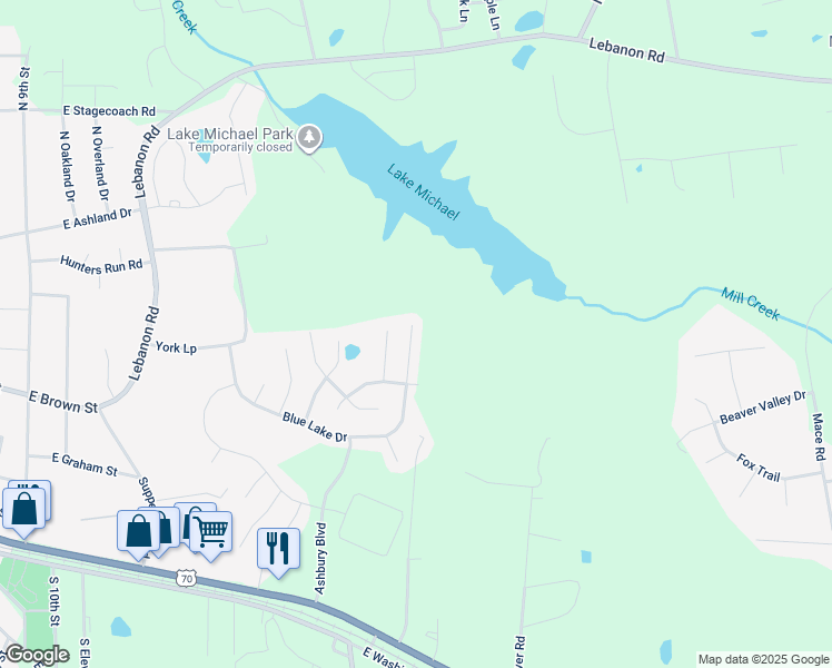 map of restaurants, bars, coffee shops, grocery stores, and more near 818 Blue Lake Drive in Mebane