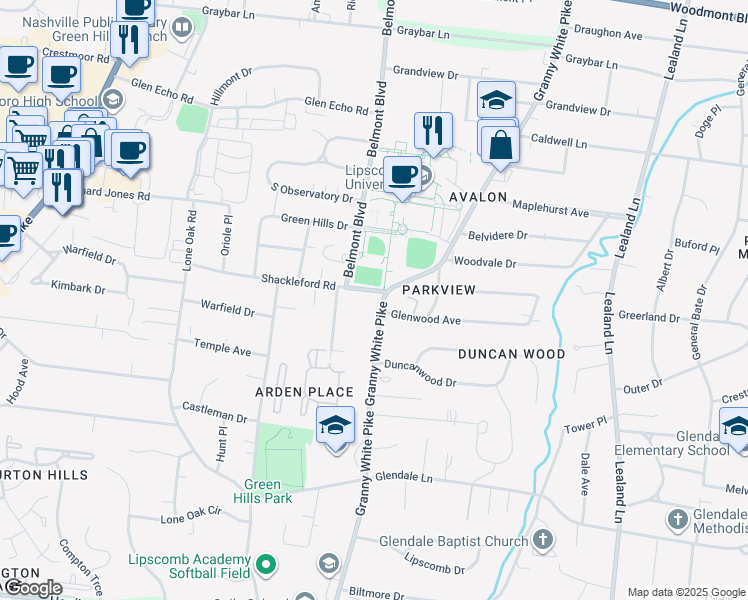 map of restaurants, bars, coffee shops, grocery stores, and more near 4309 Granny White Pike in Nashville