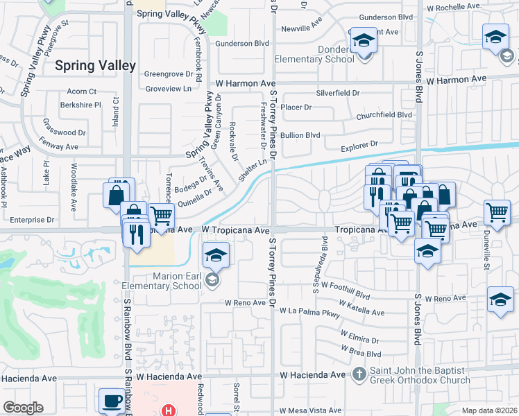 map of restaurants, bars, coffee shops, grocery stores, and more near 379 South Torrey Pines Drive in Las Vegas