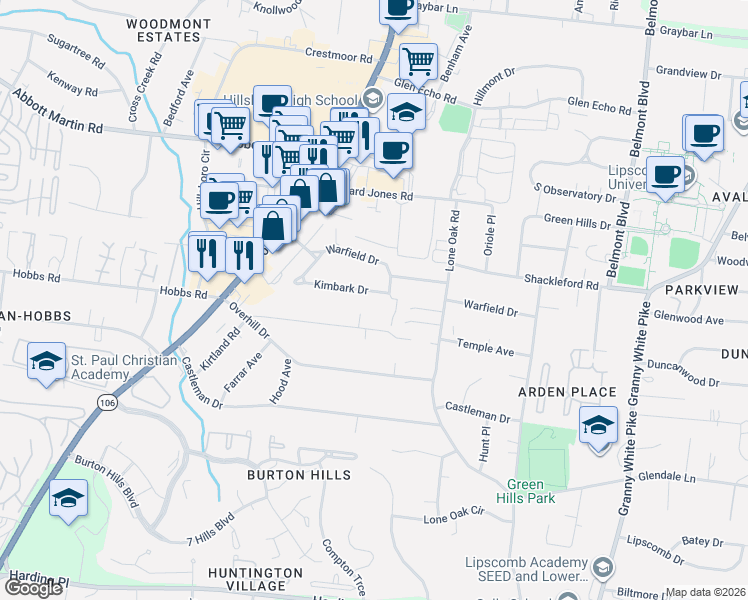 map of restaurants, bars, coffee shops, grocery stores, and more near 2006B Galbraith Drive in Nashville