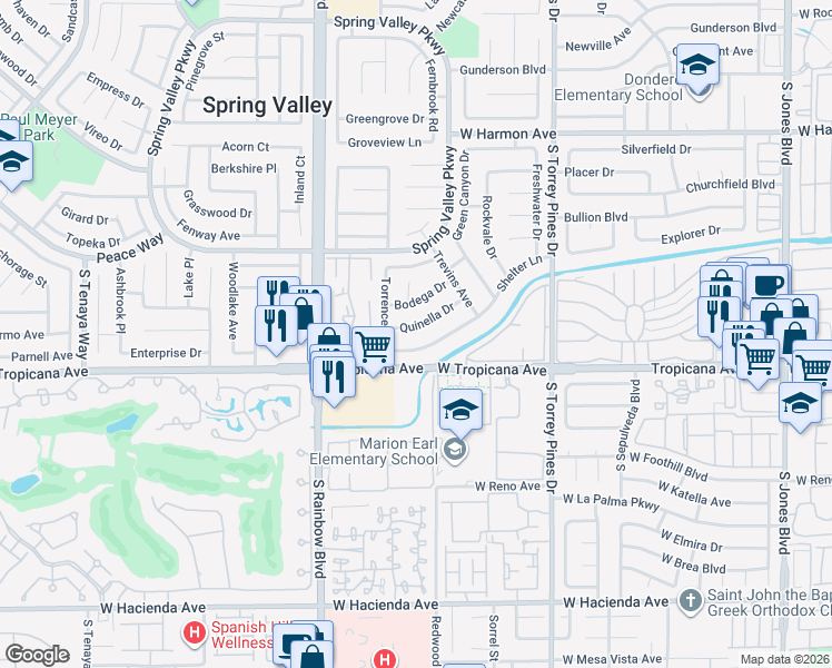 map of restaurants, bars, coffee shops, grocery stores, and more near 6758 Shelter Lane in Las Vegas