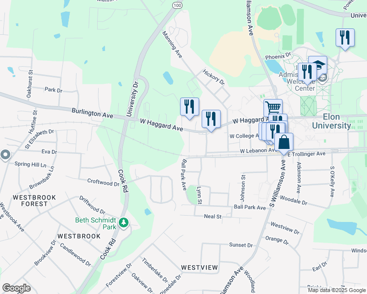 map of restaurants, bars, coffee shops, grocery stores, and more near 1000 Saint John's Street in Elon