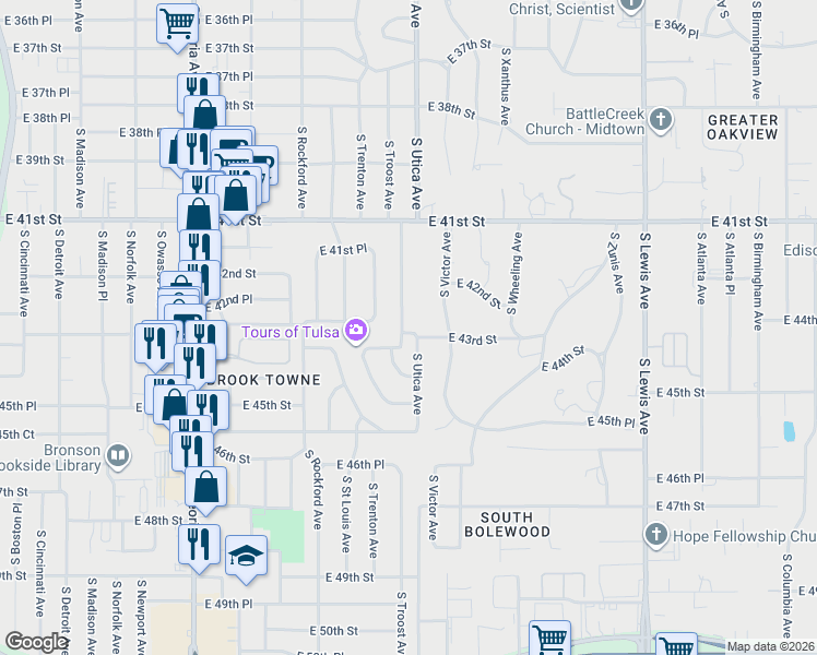 map of restaurants, bars, coffee shops, grocery stores, and more near 4302 South Utica Avenue in Tulsa