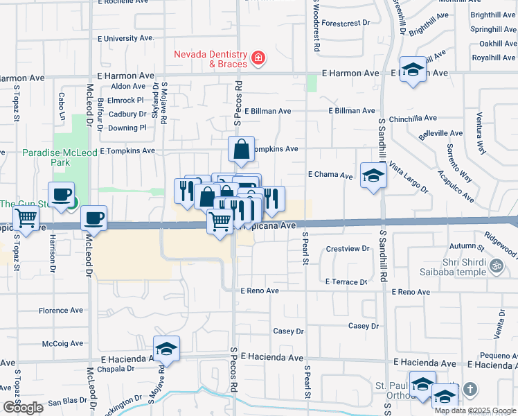 map of restaurants, bars, coffee shops, grocery stores, and more near 3430 South Pecos Road in Las Vegas