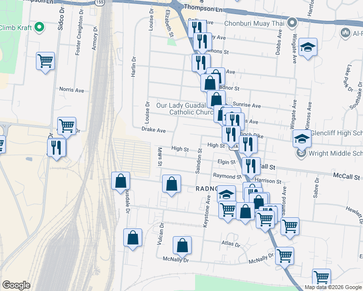 map of restaurants, bars, coffee shops, grocery stores, and more near 512 High Street in Nashville