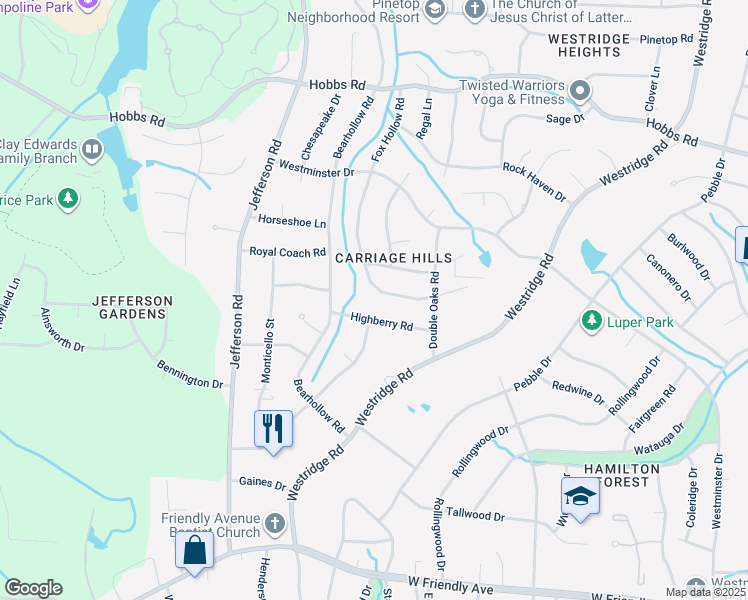 map of restaurants, bars, coffee shops, grocery stores, and more near 1515 Fox Hollow Road in Greensboro