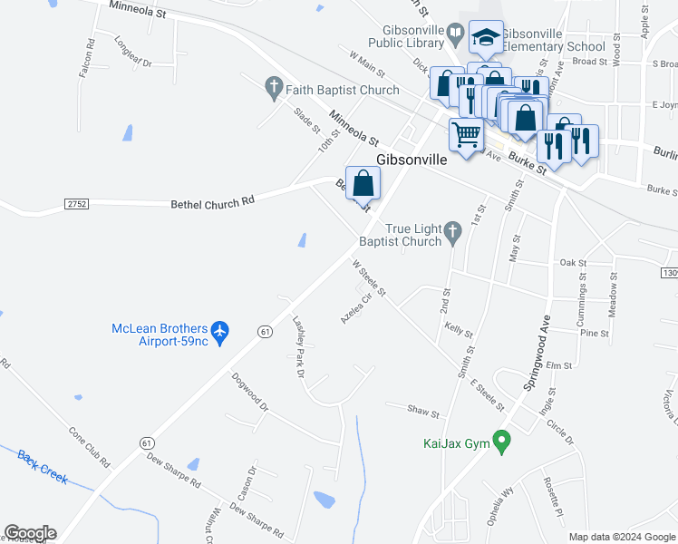 map of restaurants, bars, coffee shops, grocery stores, and more near 807 Whitsett Avenue in Gibsonville