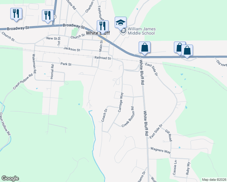 map of restaurants, bars, coffee shops, grocery stores, and more near 104 Coach Drive in White Bluff