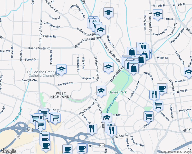 map of restaurants, bars, coffee shops, grocery stores, and more near 300 Hawthorne Road Northwest in Winston-Salem