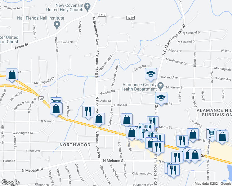 map of restaurants, bars, coffee shops, grocery stores, and more near 1507 Vaughn Road in Burlington