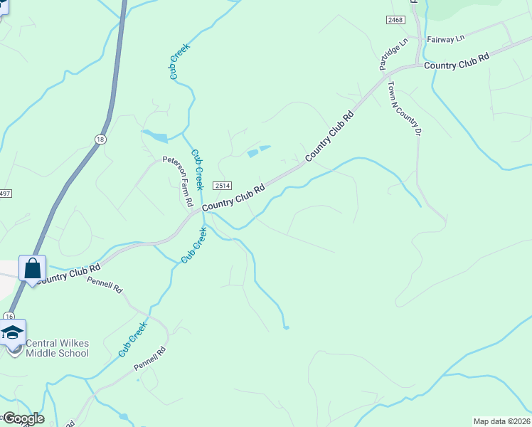 map of restaurants, bars, coffee shops, grocery stores, and more near 195 Old Farms Road in Wilkesboro