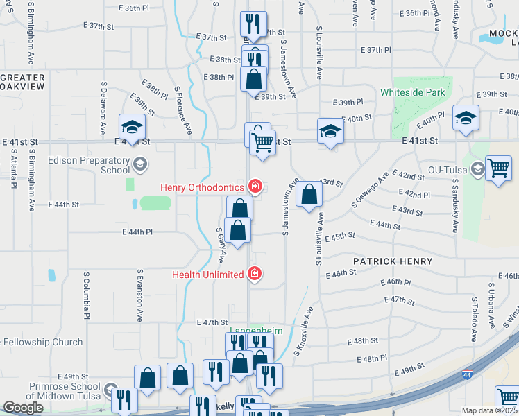 map of restaurants, bars, coffee shops, grocery stores, and more near 4415 South Harvard Avenue in Tulsa