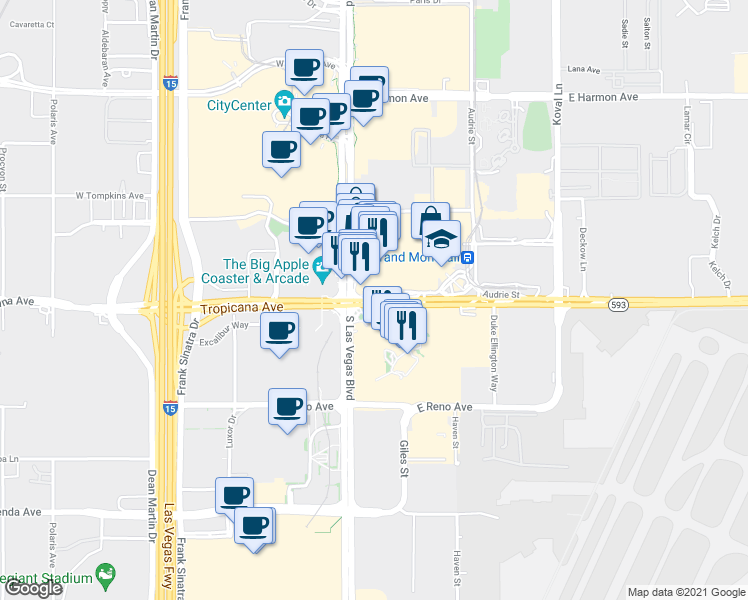 map of restaurants, bars, coffee shops, grocery stores, and more near 24 East Tropicana Avenue in Las Vegas
