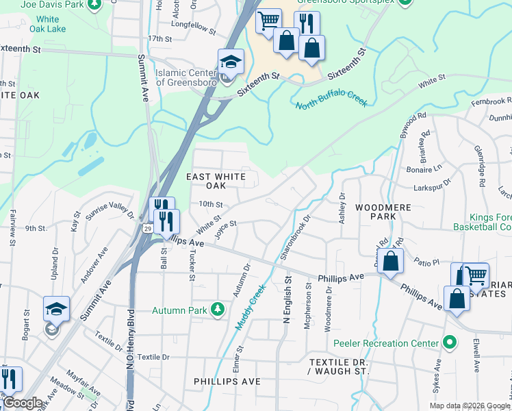 map of restaurants, bars, coffee shops, grocery stores, and more near 1903 Joyce Street in Greensboro