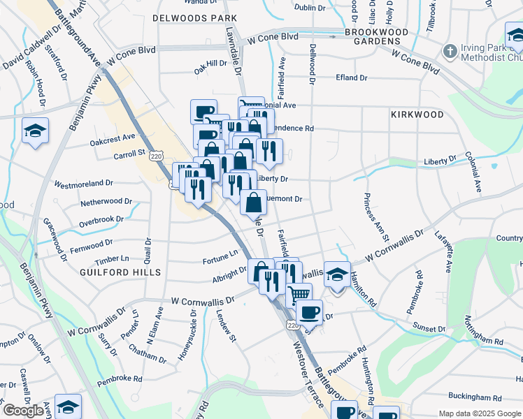 map of restaurants, bars, coffee shops, grocery stores, and more near 2410 Lawndale Drive in Greensboro
