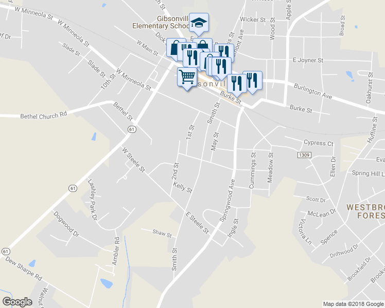 map of restaurants, bars, coffee shops, grocery stores, and more near 105 East Cedar Street in Gibsonville