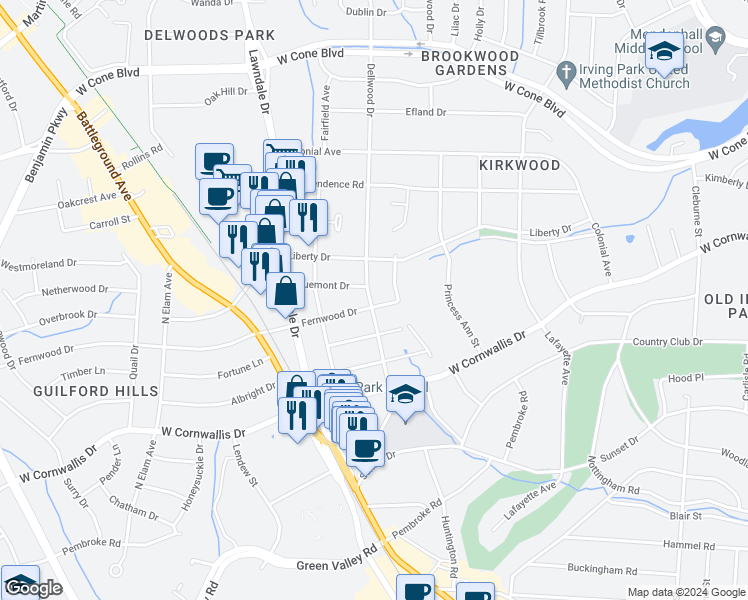 map of restaurants, bars, coffee shops, grocery stores, and more near 1908 Fernwood Drive in Greensboro
