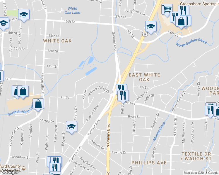 map of restaurants, bars, coffee shops, grocery stores, and more near 1702 Northland Drive in Greensboro