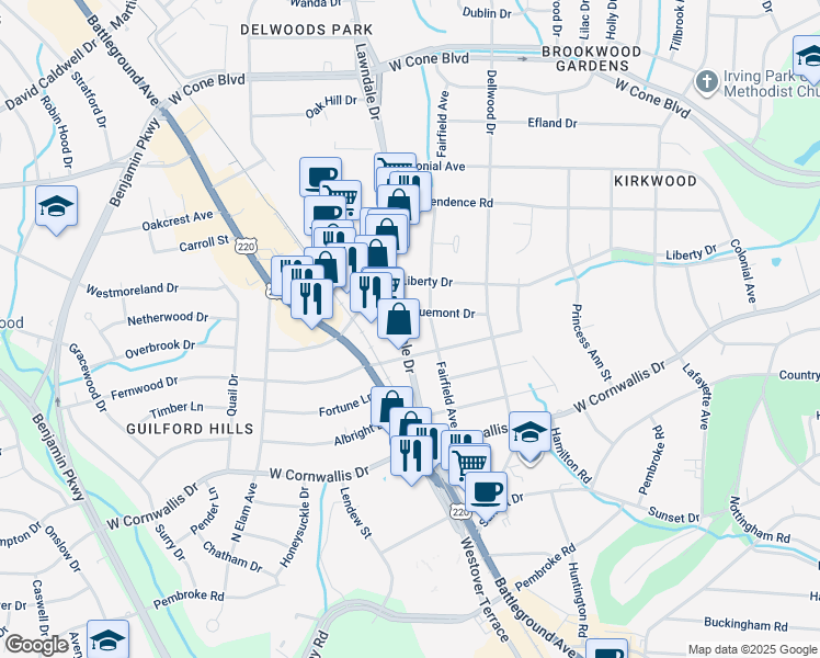 map of restaurants, bars, coffee shops, grocery stores, and more near 2410 Lawndale Drive in Greensboro