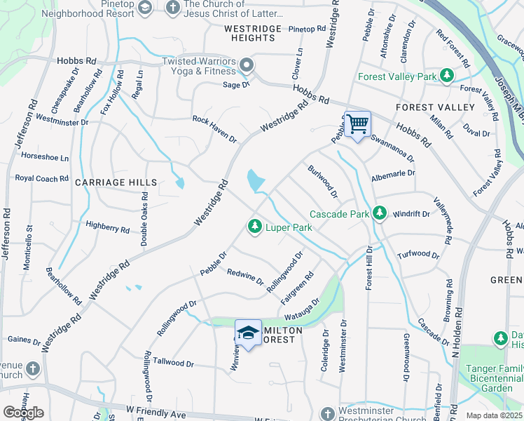 map of restaurants, bars, coffee shops, grocery stores, and more near 1200 Pebble Drive in Greensboro