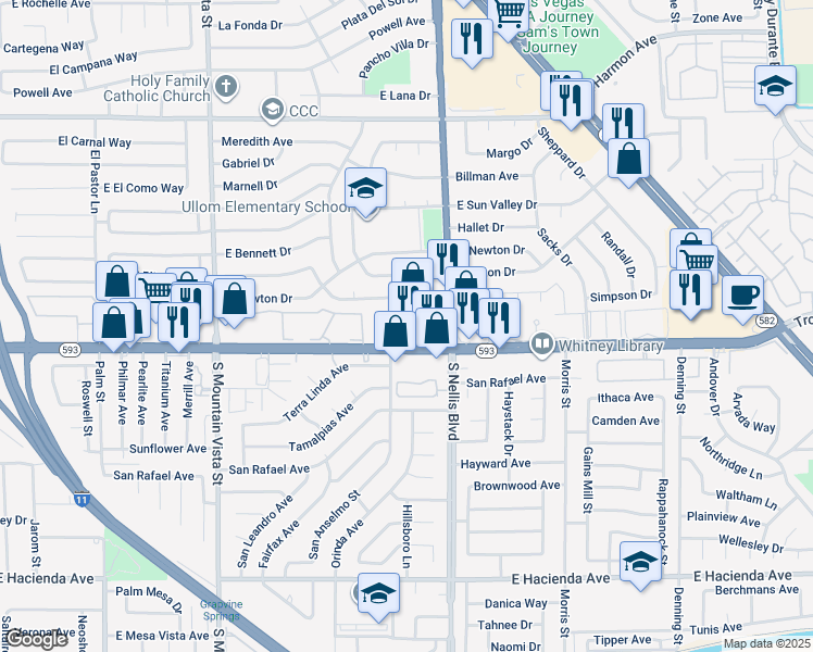 map of restaurants, bars, coffee shops, grocery stores, and more near 4940 East Tropicana Avenue in Las Vegas