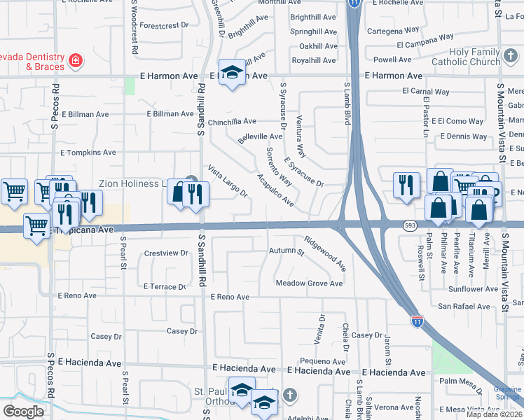 map of restaurants, bars, coffee shops, grocery stores, and more near 4853 Rollingwood Circle in Las Vegas