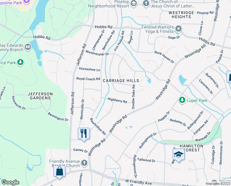 map of restaurants, bars, coffee shops, grocery stores, and more near 1515 Fox Hollow Road in Greensboro