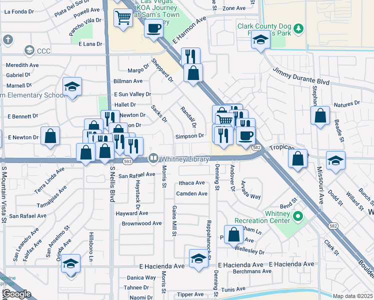 map of restaurants, bars, coffee shops, grocery stores, and more near 5286 East Tropicana Avenue in Las Vegas