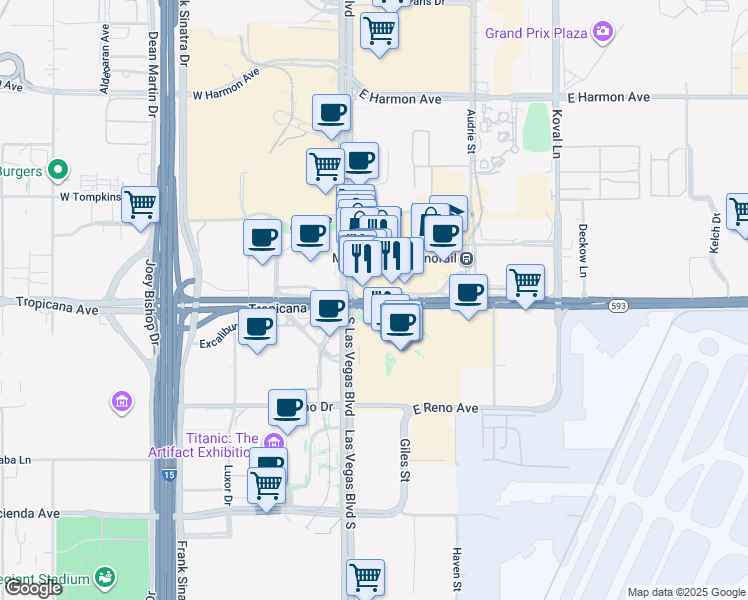 map of restaurants, bars, coffee shops, grocery stores, and more near 24 East Tropicana Avenue in Las Vegas