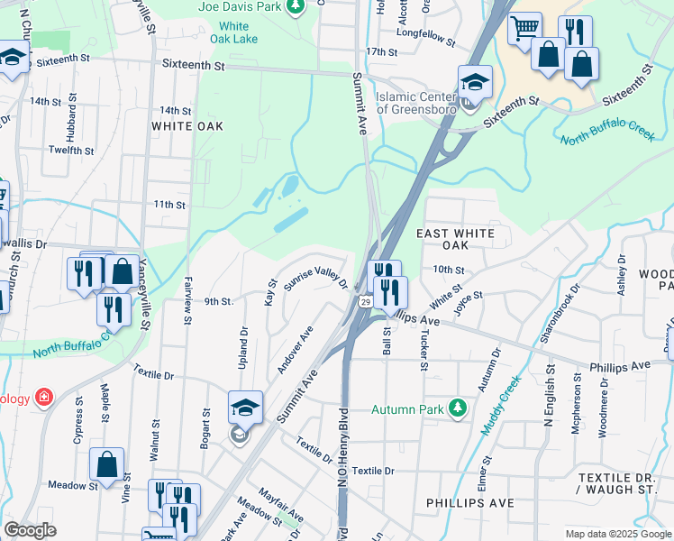 map of restaurants, bars, coffee shops, grocery stores, and more near 1645 Sunrise Valley Drive in Greensboro