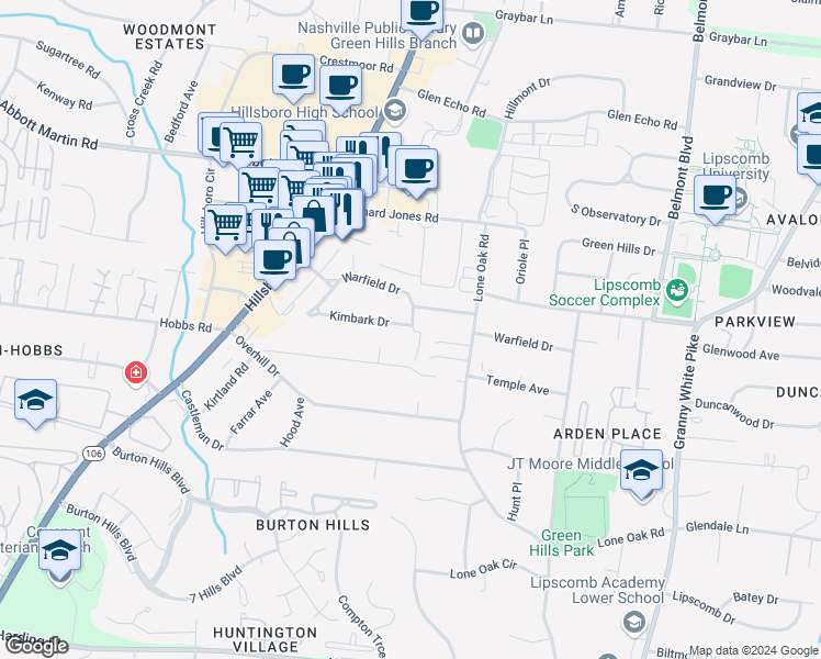 map of restaurants, bars, coffee shops, grocery stores, and more near 119 Westover Park Court in Nashville