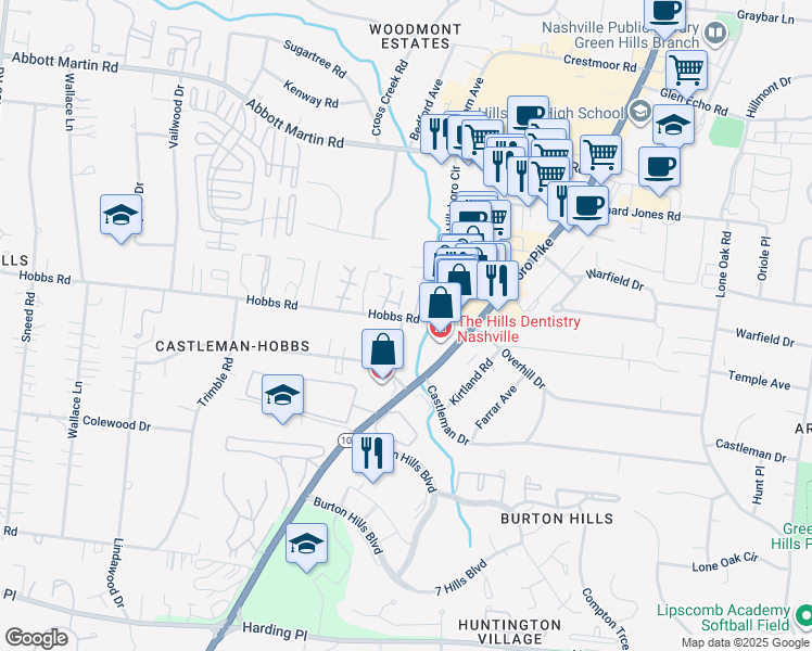 map of restaurants, bars, coffee shops, grocery stores, and more near 4207 Stammer Place in Nashville