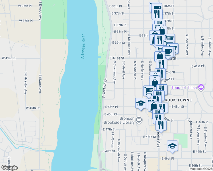 map of restaurants, bars, coffee shops, grocery stores, and more near 111 East 43rd Place in Tulsa