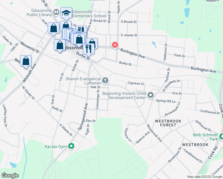 map of restaurants, bars, coffee shops, grocery stores, and more near 509 Meadow Street in Gibsonville
