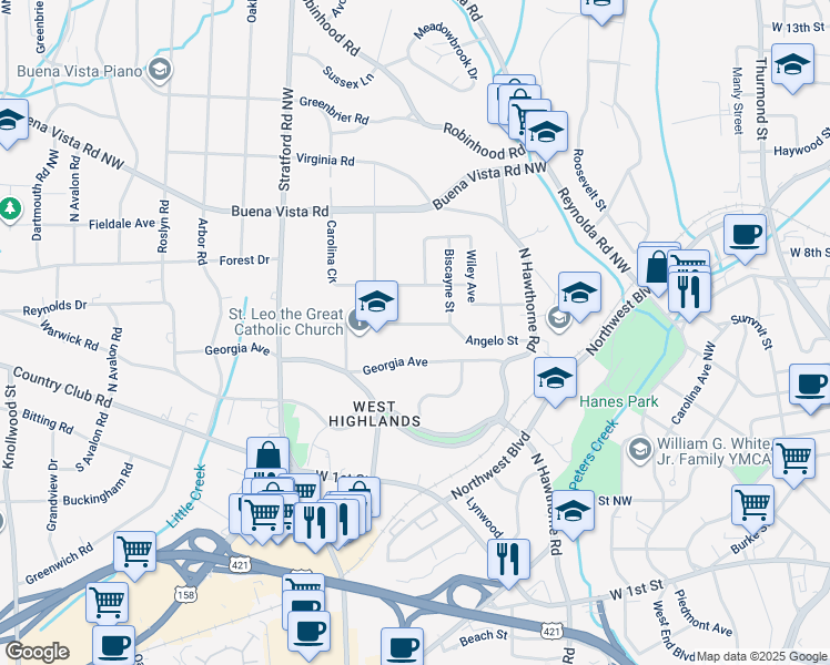 map of restaurants, bars, coffee shops, grocery stores, and more near 1930 Angelo Street in Winston-Salem