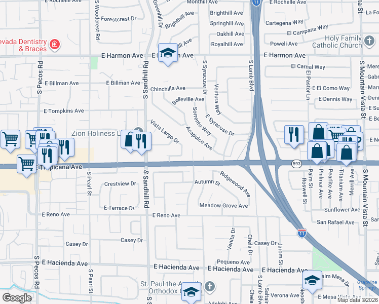 map of restaurants, bars, coffee shops, grocery stores, and more near 4853 Rollingwood Circle in Las Vegas
